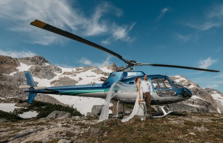 The groom and bride's helicopter ride for rocky mountain wedding